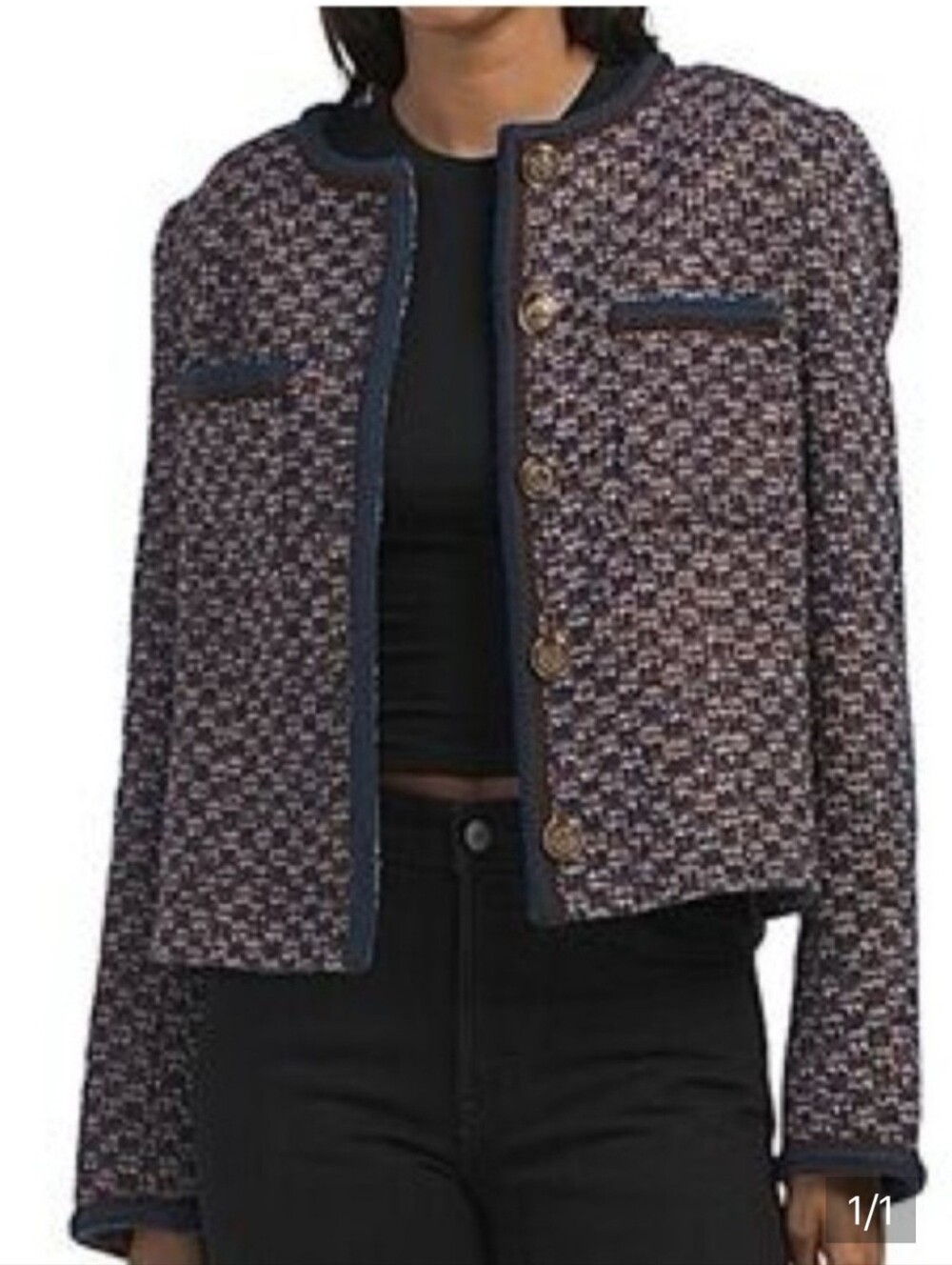 Elie Tahari Navy and Pink Tweed Collarless Blazer